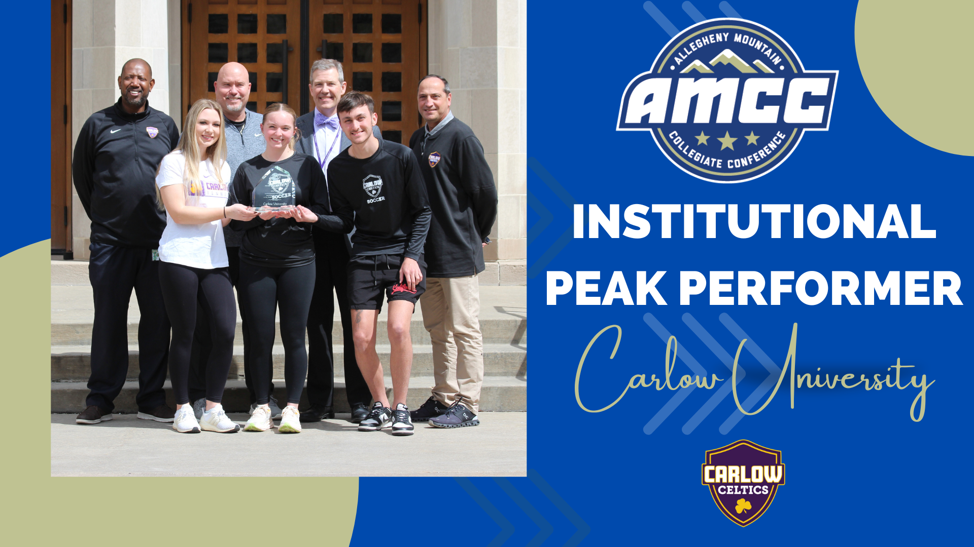 Members of Athletics administration and student-athletes pose with the award. Photo by Karina Graziani, graphic courtesy of AMCC.