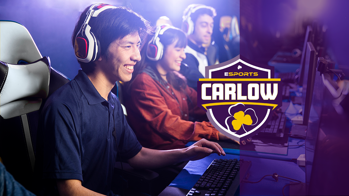 Stock photo of people playing esports with Carlow's new esports logo.