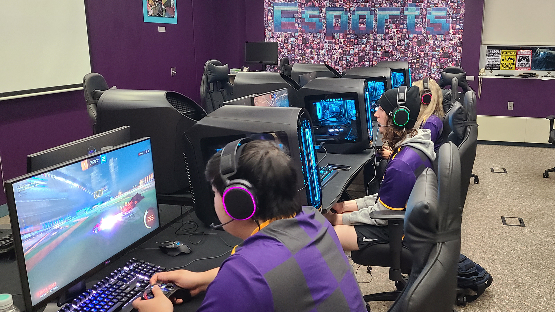 The Rocket League team competing inside the esports facility. Photo by Karina Graziani.
