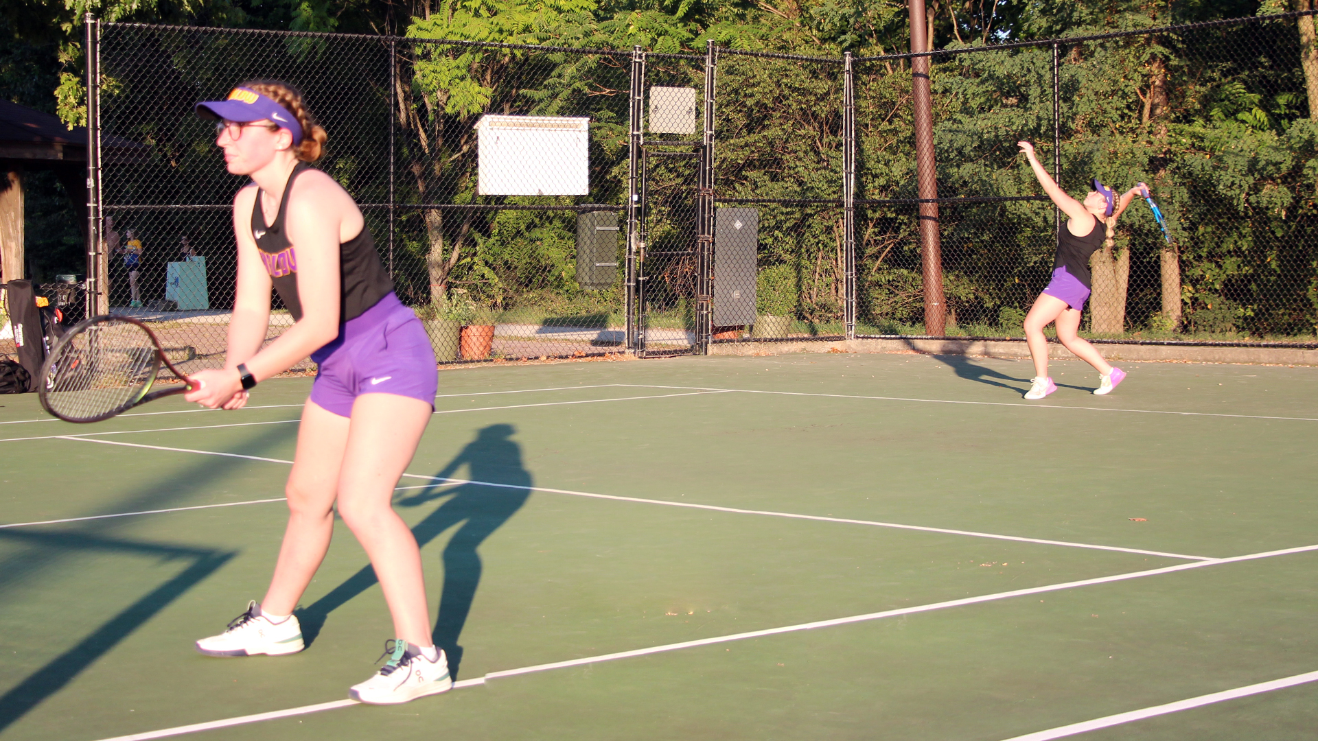 Julia Piatt and Caitlin McCarthy won four games in the No. 1 doubles spot. Photo by Karina Graziani.